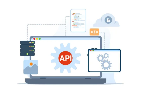 Çevrimiçi dişli motor kodlama servisi API uygulama programlama arayüzü kavramı. Yazılım geliştirme araçları, bilgi teknolojisi, modern teknoloji, internet ve ağ kavramı.