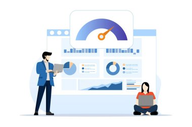 Çevrimiçi gösterge paneli konsepti hız göstergesi, internet performans testi. Hız göstergesi olan bilgisayarlı kişi ile sayfa şablonu indiriliyor. Web sitesi için düz vektör illüstrasyonu.