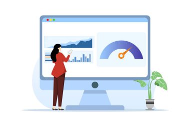 Çevrimiçi gösterge paneli konsepti hız göstergesi, internet performans testi. Hız göstergesi olan bilgisayarlı kişi ile sayfa şablonu indiriliyor. Web sitesi için düz vektör illüstrasyonu.