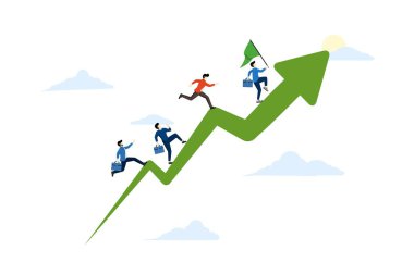 Takım motivasyonu veya hedefe ulaşmak için strateji kavramı, iş büyümesi, başarıya doğru büyüme, kariyer gelişimi veya yükselen ok üzerinde ilerleme, artan ok büyümesi yapan işadamı.