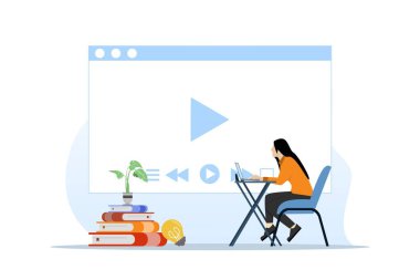 Başarılı öğrenme konsepti, online dersler, modern eğitim. Bayan öğrenci telefonla çevrimiçi ders çalışıyor. Çevrimiçi kurslar ve webinarlar. Düz tasarımda vektör illüstrasyonu.