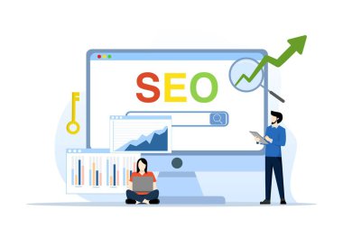 SEO veya Arama Motoru İyimserleştirme konsepti, web sitesi arama sonuçları, web sıralaması veya kullanıcı keşif konseptini geliştirmek için reklam veya pazarlama, SEO 'yu optimize etmek için takım analizi. düz vektör illüstrasyonu.
