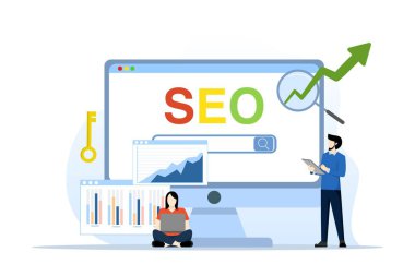 SEO or Search Engine Optimization concept, website search results, advertising or marketing to improve web ranking or user discovery concept, team analysis to optimize SEO. flat vector illustration. clipart