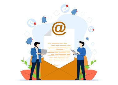 Çevrimiçi tanıtım veya e-posta bülteni, halkla ilişkiler veya pazarlama iletişimi, reklam kampanyası veya sosyal medya pazarlaması kavramı, sosyal medyada megafonla konuşan insanlar.