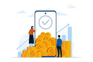 İş adamları akıllı telefonlar ile finansal değeri nasıl artıracaklarını açıklar. Altın para yığınının yanındaki iş adamı. Sosyal medya, e-ticaret, büyük telefon. Arkaplanda düz vektör illüstrasyonu.