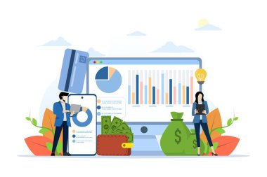 Finansal yönetim düz tasarım konsepti. Karakterli veri analizi. Pazar araştırması yapan, grafik ve çizelgelerle çalışan, raporları analiz eden insanlar. Beyaz arkaplanda düz vektör illüstrasyonu.