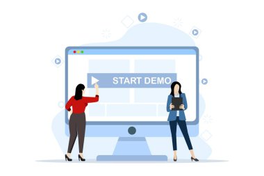 İlk demo konseptinin düz tasarımı. Paralı bir uygulama ya da web sitesi demosu içeriyor. Telefon ekranında belirgin bir demo başlatma düğmesi ile açık içerik görüntülenir. derin kullanıcı deneyimi ve deneme süresi.