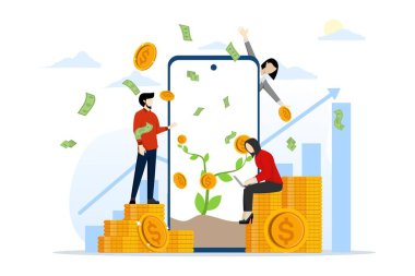 İş adamları akıllı telefonlardan nasıl daha fazla para kazanılacağını anlatıyor. Çevrimiçi çalışan altın sikkelerin üzerinde oturan insanlar ilginç bir fikre sahipler, beyaz arka planda düz vektör çizimi.