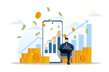 Pasif gelir kavramı. Yatırımcılar para, bütçe planlaması ve mali özgürlükten tasarruf ederler. Bu tasarım web siteleri, iniş sayfaları, UI, mobil uygulamalar, posterler, afişler için kullanılabilir. düz vektör illüstrasyonu.