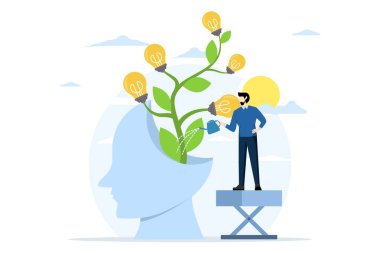 Büyüme anlayışı, iş adamlarının büyük kafalı bitkileri sulamasının sembolü. Kişisel gelişim. Kendini geliştirme ve kendini geliştirme. Kişilik gelişimi metaforu. düz vektör illüstrasyonu.
