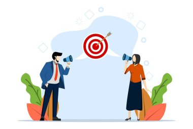 Takım başarısı ve hedef başarısı için etkili iletişim konsepti, hedefler hakkında konuşmak için buluşma, önemli hedefleri iletmek, iş adamlarının megafonla aynı hedefle konuşması.