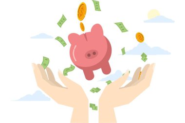 Gelecek için para biriktirmek, refah ya da finansal başarı için para biriktirmek, zenginlik ya da tutumluluk oluşturmak, dolar paralarının kumbaraya düşmesi veya bütçe kesintisi kavramı.