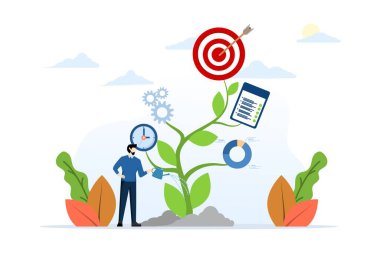 iş geliştirme planı konsepti, yönetim veya hedeflere ulaşmak için strateji, büyüme veya iş büyümesi, başarı planlama, iş adamı tohum fabrikalarını süreç ve görevlerle sulama.