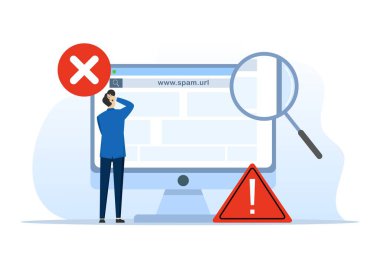 Şüpheli ve tehlikeli bağlantı kavramı, spam adresleri veya web siteleri, güvenli tarama ve uyarı bildirimleri, tarayıcıdaki güvenlik sistemi. Site kapatıldı. düz vektör illüstrasyonu.