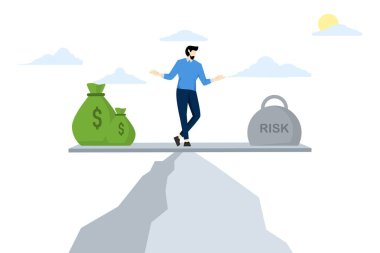 Risk ve kar arasındaki denge kavramı. İş riski. Finansal yönetim. Girişimciler dağın tepesinde iş karları ve riskler arasında denge kurarlar. düz vektör illüstrasyonu.
