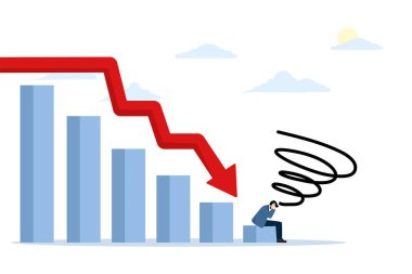 Finansal ve ekonomik kriz konsepti. İşadamı, grafik sembolünden dolayı hayal kırıklığına uğramış. İflas, ödenmemiş kredi borcu, yatırım başarısızlığı. Beyaz arkaplanda düz vektör illüstrasyonu.