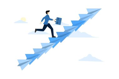 Kariyer büyümesi, iş büyümesi veya liderliğin zorlukların üstesinden gelme, başarı motivasyonu, gelişme veya başarı hırsı kavramı, kendine güvenen işadamı kağıt uçak merdivenine tırmanıyor.