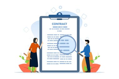Kontrat konsepti elimizde. Bir büyüteç tutarken, anlaşmanın şartlarını inceleyin. İş belgelerini imzalıyorum. Yasal belgelerin incelenmesi. Başarılı bir anlaşma. vektör tasarımı illüstrasyonu.