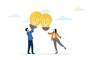 Fikirleri birleştirme, çözüm bulmak için işbirliği yapma, fikir alışverişinde bulunma, harika fikirler geliştirmek için birlikte düşünme, girişimcilik, en iyi sonuç için ampul fikirlerini birleştiren girişimciler..