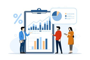 Finans, satış stratejisi, takım çalışması, şirket bütçesi, gelir büyümesi, yatırım sektörü, artan şirket sonuçları. Web sitesi iniş sayfası için düz vektör pankartı. düz vektör illüstrasyonu.
