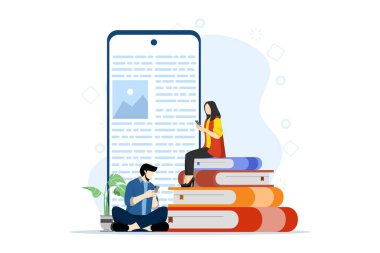 Karakter akıllı telefondan ders kitabı okuyor. Ebook sayfası telefon ekranında. Kitap yığınlarının üzerinde oturan öğrenciler. İnternette çalışan kadın karakter. E-öğrenim kavramı, eğitim. Vektör illüstrasyonu.