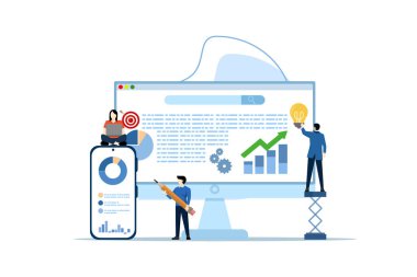 Ekip bilgisayarda internet ve uygulama geliştirme üzerinde çalışıyor. İş, SMM Yöneticisi, Programcı, Infographics 'te oturuyor ve dizüstü bilgisayarla çalışıyor. Yazılım geliştiricisi. Düz biçim vektör illüstrasyonu.