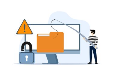 Hackleme, sahtekarlık ve hatalar, koruma, siber suç, internet güvenliği, sistem teknolojisi, kişisel veri hırsızlığı kavramı. Beyaz arkaplanda vektör paneli düz tasarım çizimi.