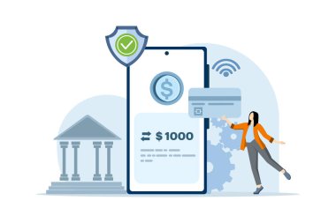Mobile banking concept, online payment, online mobile banking. electronic bill payment. transaction security. payment card, e-wallet, e-commerce, transaction, purchase, vector illustration.