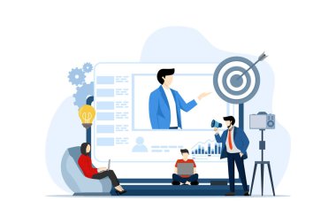 video pazarlama konsepti, pazarlama stratejisi, iş, haber, promosyon, kurs, destek, tanıtım, çalışanlar, topluluk veya organizasyon konuşmacılarıyla iletişim kurma.
