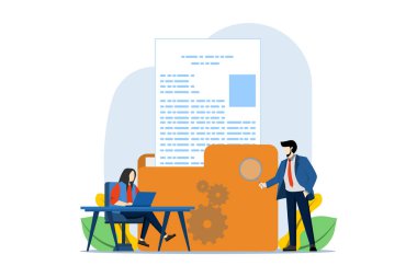Dosya yöneticisi ve veri depolama kavramı. dosya yönetimi, veri arşivleme konsepti, klasör, galeri, yönetim. Çalışanların arama ve indeksleme dosyaları. vektör düz illüstrasyon.