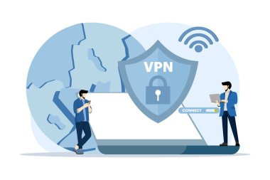 Sanal Özel Ağ Konsepti. İnsanlar, Smartphone, vpn teknoloji sistemi, web sitelerinin önünü açan tarayıcı ve internet bağlantılarını kişisel verilerini korumak için VPN Teknoloji Sistemi kullanıyor.