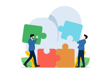 İş birliği konsepti. Takım çalışması bulmacası, insanlar bulmaca elemanlarını birbirine bağlar. Ortaklık, bağlantı, işbirliği, beyin fırtınası, partner, işbirliği, eşleşme, düz vektör illüstrasyonu.