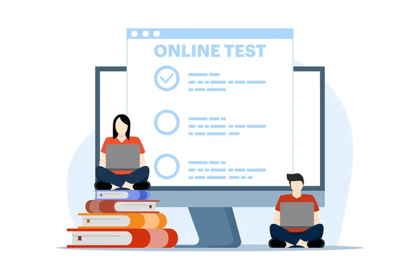 Karakterlerle sınav kavramı, çevrimiçi test ve kontrol yanıtları, sınav, test, quiz, Karakter Doldurma Anket Formu, Kontrol Listesindeki İnceleme İşareti, beyaz arkaplan üzerindeki vektör düz illüstrasyon.