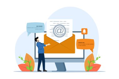 İş e-posta konsepti. Bir işadamı bir e-posta gönderdi. Sosyal medya tanıtımı. Reklam e-postaları gönder. Müşteri. Zarfın içinde bir mektup. Adam mektubu aldı. düz vektör illüstrasyonu.