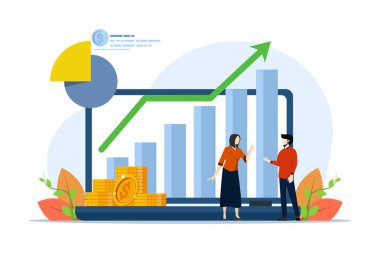 Finansal analiz konsepti, muhasebe, iş toplantıları ve hedefler, yönetim, şirket, iş ekibi şirket finans analizleri. Beyaz arkaplan üzerindeki vektör düz illüstrasyon.