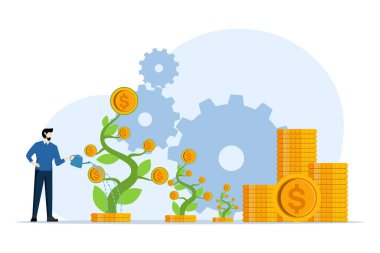 para büyüme yatırım konsepti, pasif gelir, girişimcilik yatırımı, karakter analizi yatırımı, finansal başarı ve para büyümesini kutlamak. Para artışı. düz vektör illüstrasyonu.