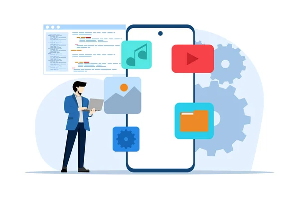 Web geliştirme konsepti. programlama dili. css, html, it, ui. Çizgi film karakteri programcısı web sitesi geliştiriyor, kodluyor. Beyaz arkaplanda düz vektör illüstrasyonu.