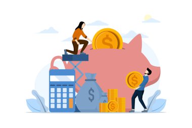 Yatırım konsepti, büyüme, yatırımcı, mali yatırım, tasarruf cüzdanı, bankacılık, domuz kumbarası, yatırımları analiz eden karakterler, finansal başarı ve para büyümesini kutlayan karakterler. Para artışı.