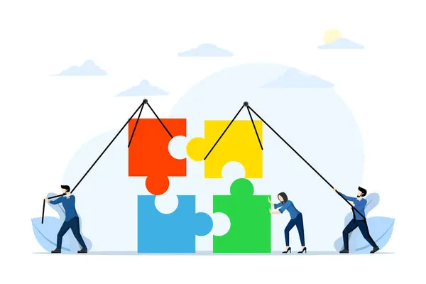 Business teamwork concept. people with solving puzzles representing business, teamwork, business cooperation, collective project work, flat vector illustration on white background.