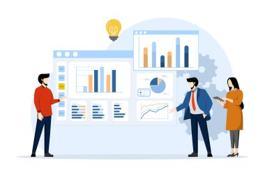 İş beyin fırtınası ve sunum, takım çalışması, tartışma, finans, Erkek ve Kadın Karakterler ofiste bir sunum hazırlıyorlar. Çalışan toplantısında iş sunumu.