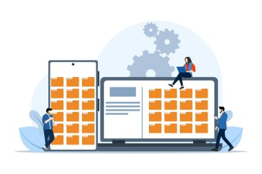 Dosya yönetimi kavramı, veri depolama, klasörler, belgeler ve medya içeriği, akıllı telefon veya dizüstü bilgisayar, modern düz çizgi film tarzı, arka planda vektör çizimi arayan iş ekibi.