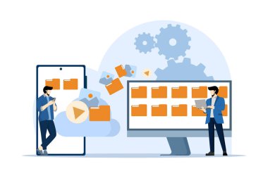 Bulut depolama, dosya indirme, veritabanı koruması, veri merkezi, dosya yönetimi, bulut sunucusu kullanan bilgisayar sistemi kavramı. Modern bağlı PC teknolojisi kullanılarak dijital belgeler ve iletiler.