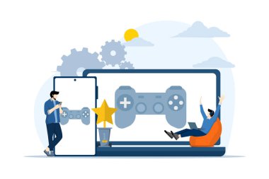 Cihazlarla, oyuncularla, video oyunlarıyla, e-sporlarla oyun oynarız. Çevrimiçi oyunlar oynamak, PC 'de online oyunlar oynamak, mobil oyunlar oynamak. profesyonel oyuncu, Entertainment düz vektör çizimi.