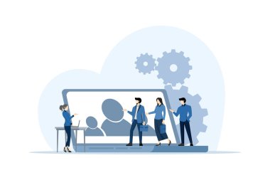 Çevrimiçi eleman alma, insan kaynakları yönetimi, istihdam kavramı. Karakter Halkı İş İçin En İyi Adayı Seçin. İnsan Kaynakları Müdürü yeni eleman arıyor. vektör düz illüstrasyon.