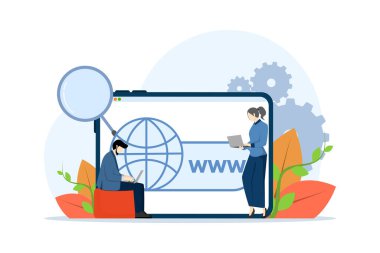 Web sitesi optimizasyon kavramı. İnternet analizi ve sosyal medya pazarlama seosu. İş adamı analizi ve monitör web 'de rapor paneli ekranında. SEO analiz ekibi, arama motoru sıralaması.