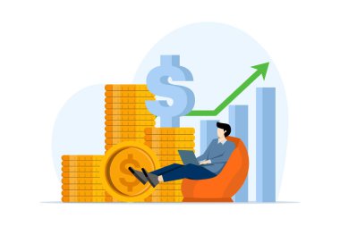 Başarılı yatırım kavramı, finansal başarı, servetin artması ya da altın sikkelerin önünde dinlenen zengin bir adam olmak. Nakit kazan, biriktir ve yatırım yap, büyüme grafiği olan para yığını.