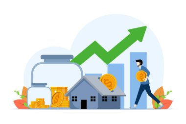 Concept of investment in building or property. People Investing Money in Real Estate Property, Rental House, Flat Vector Illustration on white background.