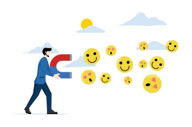 Sosyal medya pazarlama kavramı, mıknatısı olan çekici duygusal karakter, sosyal ağlarda popülerlik, nüfuz, işaret gibi çekici mıknatıs tutan kişi, düz vektör çizimi.