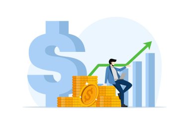 Başarılı yatırım kavramı, finansal başarı, servetin artması ya da altın sikkelerin önünde dinlenen zengin bir adam olmak. Nakit kazan, biriktir ve yatırım yap, büyüme grafiği olan para yığını.