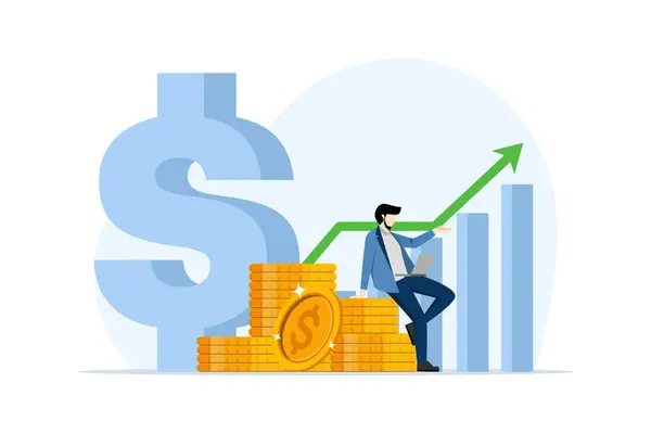 Başarılı yatırım kavramı, finansal başarı, servetin artması ya da altın sikkelerin önünde dinlenen zengin bir adam olmak. Nakit kazan, biriktir ve yatırım yap, büyüme grafiği olan para yığını.